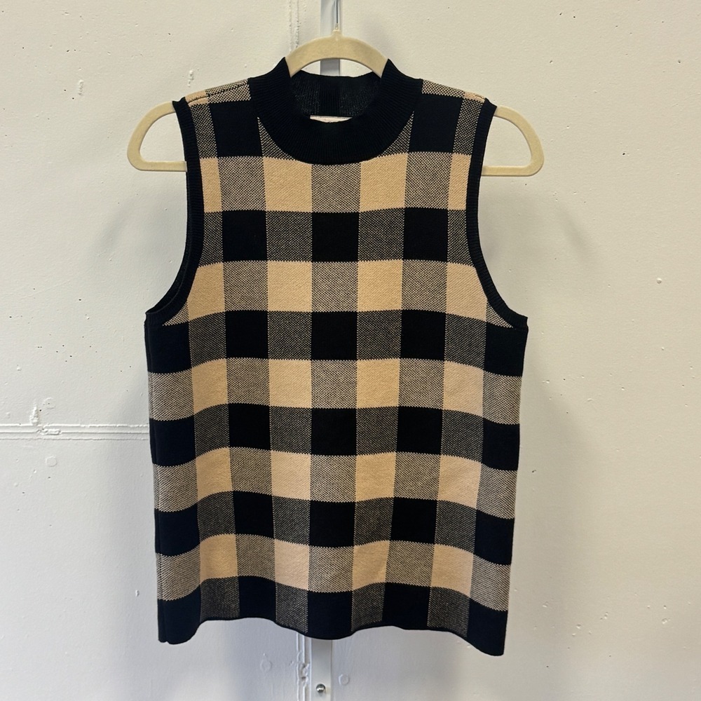 Loft Outlet Black Tan Buffalo Plaid Mock Neck Sleeveless Sweater Vest Top Career